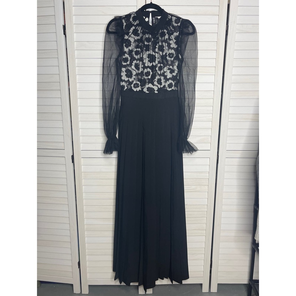 Self Portrait Floral Guipure 
ORGANDY OVERLAY LACE Dress Ivory Blk Gown SZ SM - Picture 5 of 12
